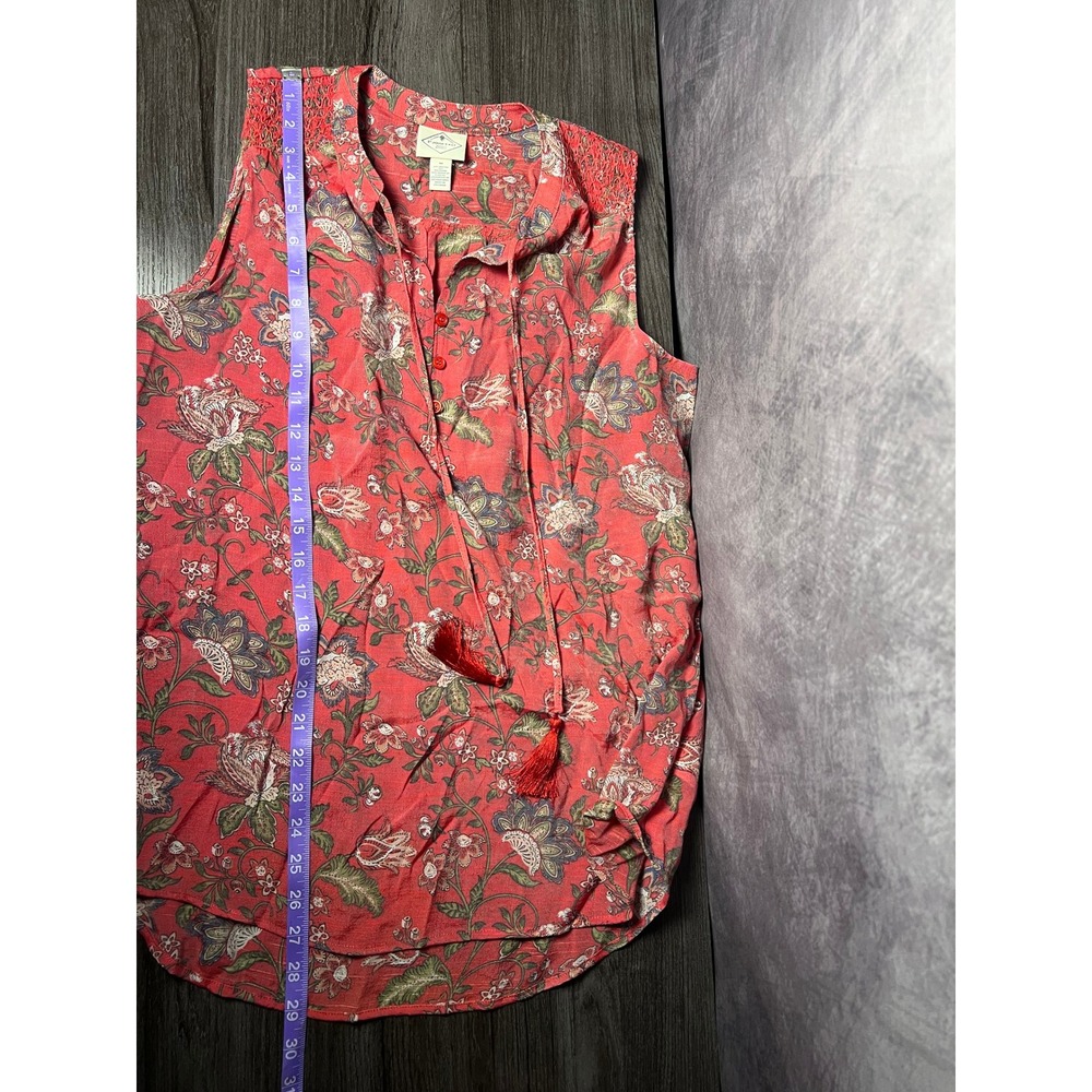 St. John's Bay Floral Coral Boho Sleeveless Blouse Tassel Tie Smocked Size Med - Picture 6 of 7